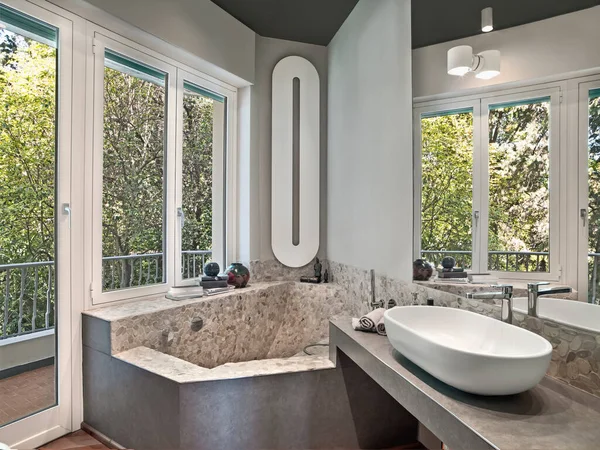 Interior View Modern Bathroom Foreground Washbasin Masonry Top Corner Background Immagini Stock Royalty Free