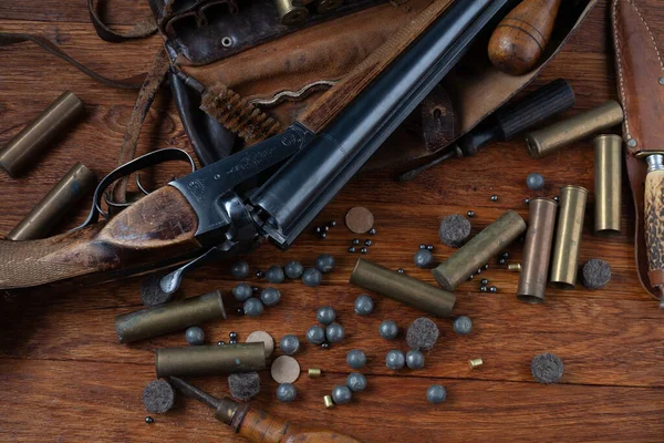Antique Gauge Break Action Smooth Bored Shotgun Brass Cases Accessories — Stock Photo, Image