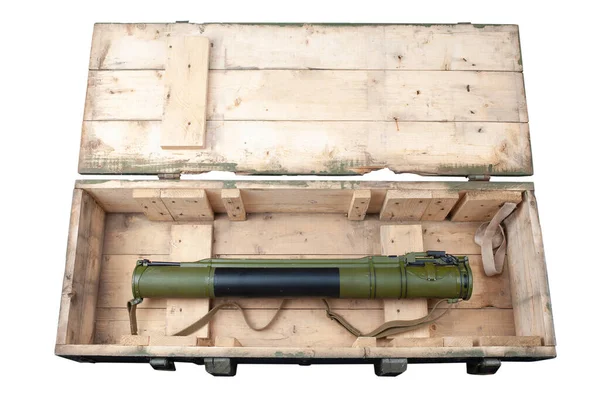 Rpg Páncéltörő Rakétavető Heat Gránáttal Zöld Ládában Szöveg Oroszul Lőszer — Stock Fotó