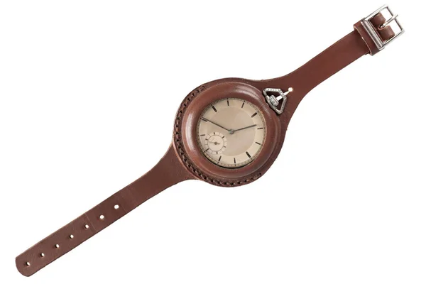 腕時計にポケット時計をアップグレードステンレス製のバックル付きレザーウォッチストラップでヴィンテージポケットウォッチ 第一次世界大戦 白地に隔離された — ストック写真