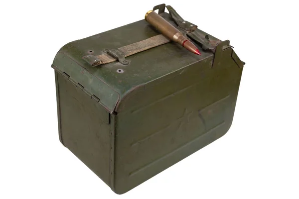 Green Metal Ammo Can Ammunition Belt 7Mm Cartridge Heavy Machine — Stock Photo, Image
