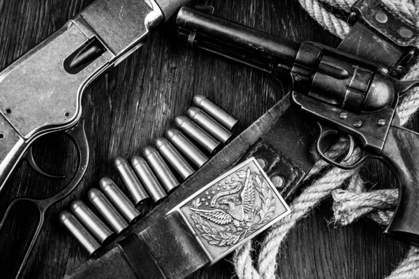 Old West Weapon Ammunition Wooden Table Black White — Stock Photo, Image