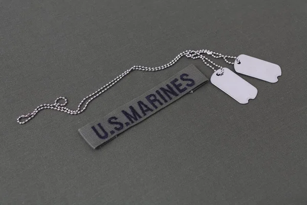 Marines Branch Tape Dog Tags Olive Drab Uniform Background — Stock Photo, Image