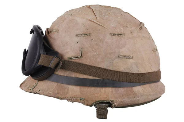 Army Helmet Vietnam War Period Camouflage Cover Goggles Isolated White — Fotografia de Stock