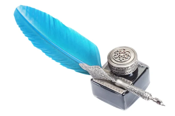 Old Vintage Feather Blue Fountain Pen Inkwell White Background — Stock Photo, Image