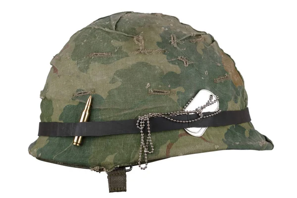 Casque Armée Américaine Période Guerre Vietnam Avec Couverture Camouflage Plaques — Photo