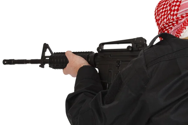 Guerilla Zwart Uniform Met Keffiyeh Vuurwapen Geïsoleerd Witte Achtergrond — Stockfoto