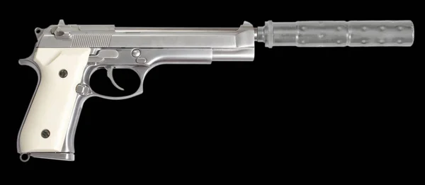 Pistola Mão Com Supressor Fundo Preto — Fotografia de Stock