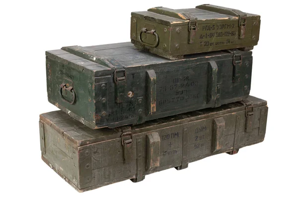 Army Ammunition Stack Green Crates Text Russian Type Ammunition Projectile — Stock Photo, Image
