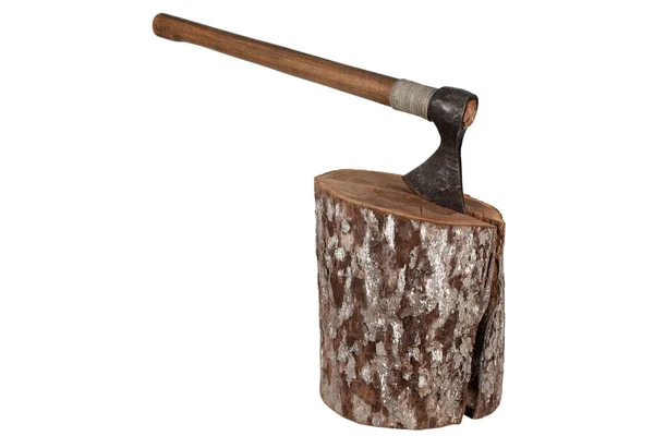 Antique Axe Wooden Handle Wood Log White Background — Photo