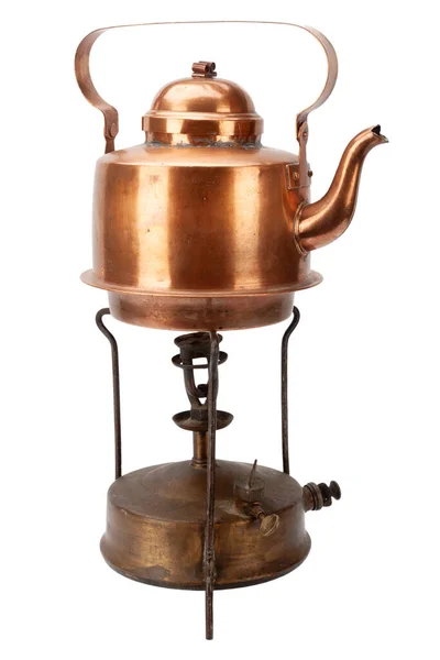 Retro Vintage Bronze Primus Stove Copper Teapot Isolated White Background — Stockfoto
