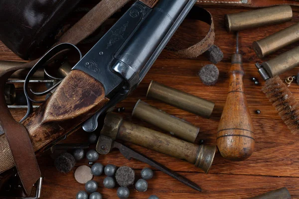 Antique Gauge Σπάσιμο Action Ομαλή Βαριέται Κυνηγετικό Όπλο Χάλκινες Θήκες — Φωτογραφία Αρχείου