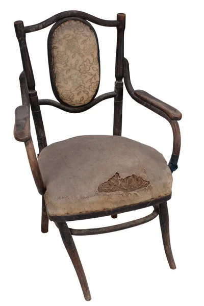Vintage Quebrado Cadeira Madeira Isolada Fundo Branco — Fotografia de Stock