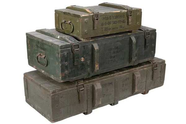 Army Ammunition Stack Green Crates Text Russian Type Ammunition Projectile — Stock Photo, Image