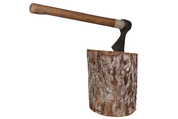 Antique Axe Wooden Handle Wood Log White Background — Stockfoto