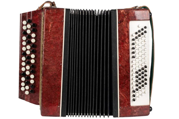 Small Retro Bayan Accordion Folk Musical Instrument Isolated White Background — стоковое фото