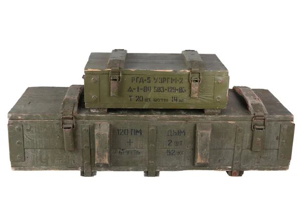 Stapeln Von Armeemunition Grüne Kisten Text Auf Russisch Munitionstyp Projektil — Stockfoto