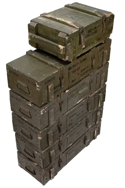 Stos Amunicji Zielonymi Skrzyniami Tekst Języku Rosyjskim Rodzaj Amunicji Kaliber — Zdjęcie stockowe