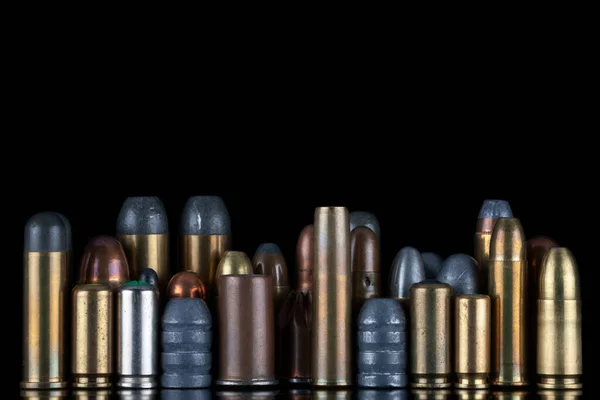Ammuninition Isolated Black Background Reflexion Different Cartridges Rifle Pistols Revolvers —  Fotos de Stock