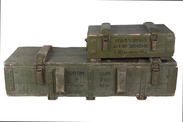 Armeemunition Stapelt Sich Grünen Kisten Text Auf Russisch Munitionstyp Projektil — Stockfoto