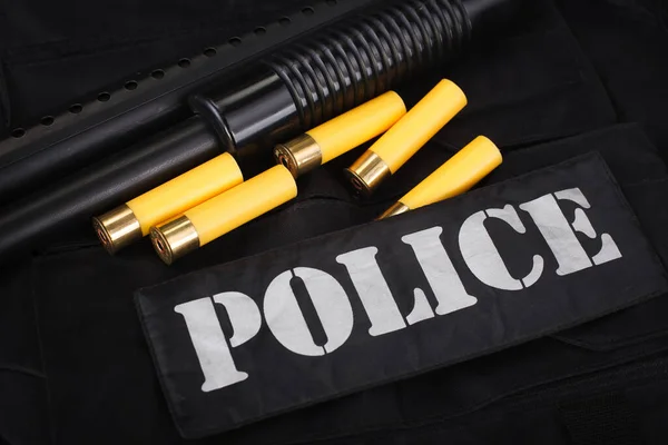 Поліцейська Чорна Форма Зброєю Боєприпасами — стокове фото