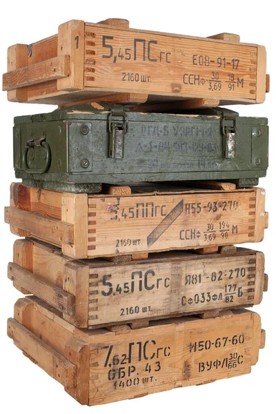 Armeemunition Stapelt Sich Holzkisten Text Auf Russisch Munitionstyp Projektil Kaliber — Stockfoto