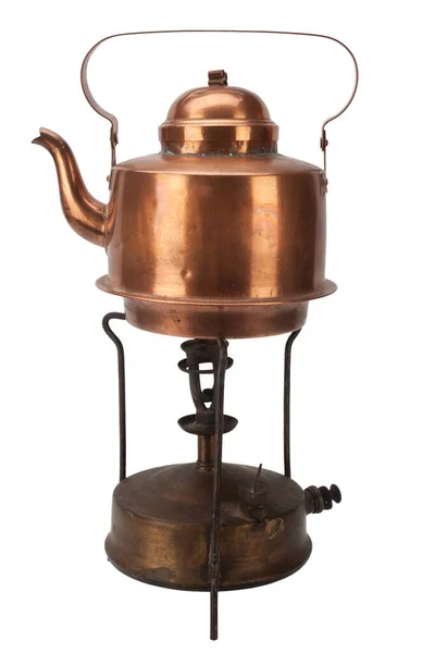 Retro Vintage Bronze Primus Stove Copper Teapot Isolated White Background — Photo
