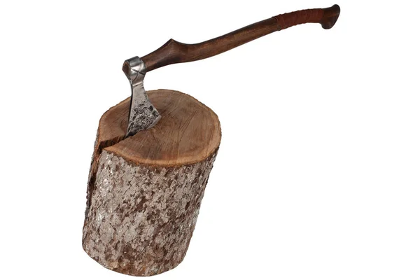 Antique Axe Wooden Handle Wood Log White Background — Stok fotoğraf