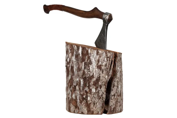 Antique Axe Wooden Handle Wood Log White Background — Stock fotografie