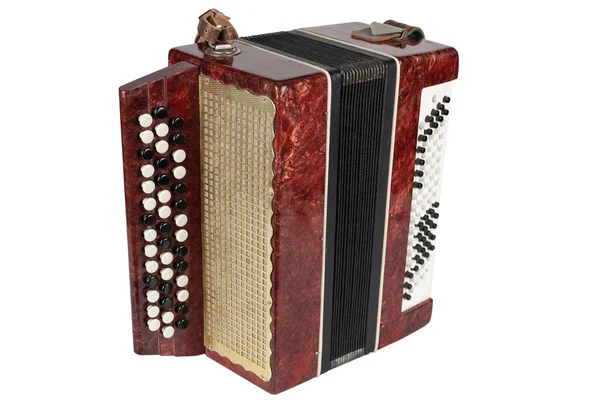 Small Retro Bayan Accordion Folk Musical Instrument Isolated White Background — Zdjęcie stockowe
