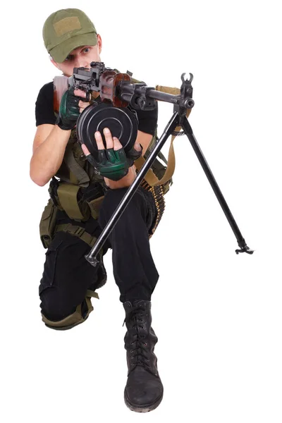 Operador Mercenario Con Pistola Rpd Aislada Blanco —  Fotos de Stock