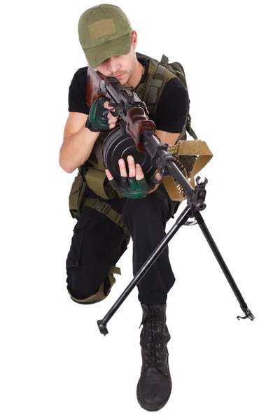 Operatore Mercenario Con Pistola Rpd Isolata Bianco — Foto Stock