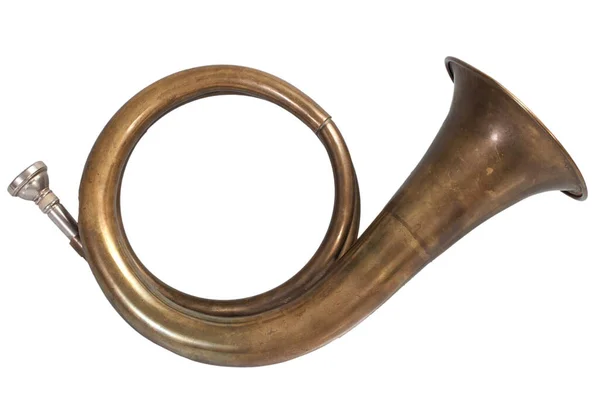 Vintage Mässing Jakt Horn Isolerad Vit Bakgrund — Stockfoto