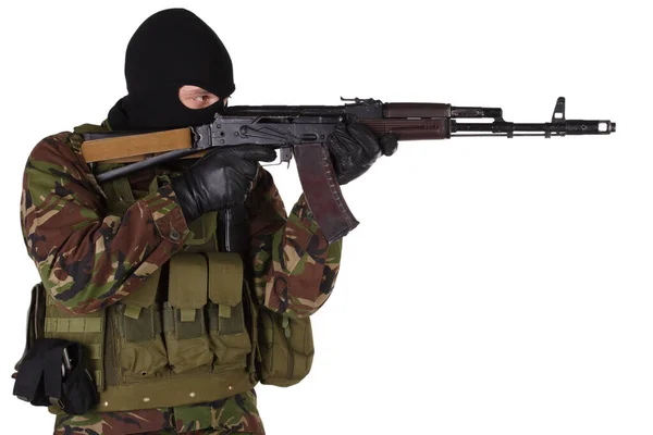 Paramilitary Soldier Fire Kalashnikov Gun Isolated White — Stock Photo, Image