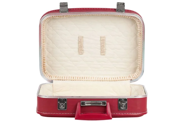 Vintage Ανοιχτή Κόκκινη Βαλίτσα Απομονωμένη Λευκό Φόντο — Φωτογραφία Αρχείου