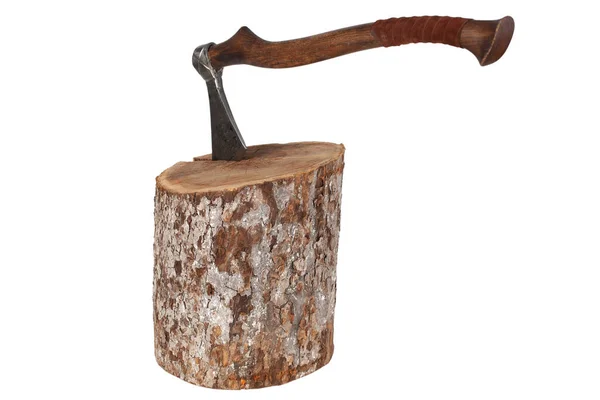 Antique Axe Wooden Handle Wood Log White Background — 스톡 사진