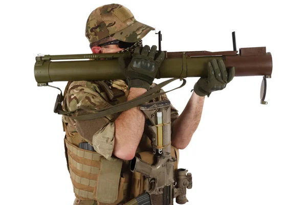 Special Forces Operator Fire Rpg Rocket Launcher Isolated White — Stock Photo, Image