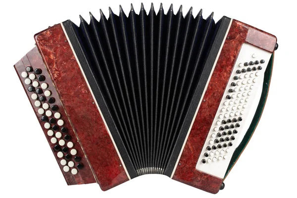 Small Retro Bayan Accordion Folk Musical Instrument Isolated White Background — стоковое фото