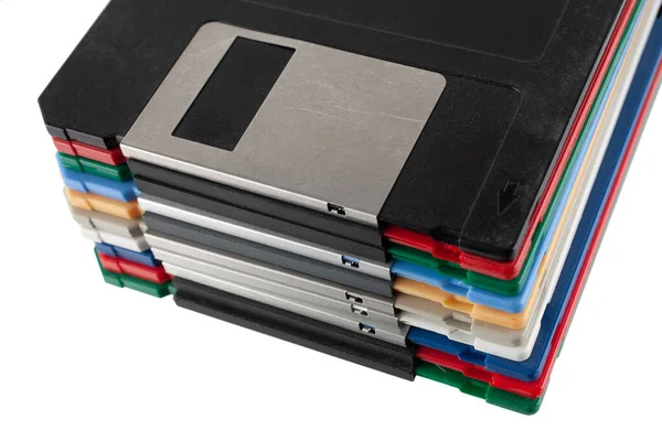 Colored Old Retro Floppy Diskettes Stack Isolated White Background — Stock Photo, Image