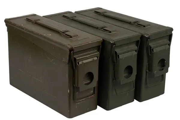 stock image US army green metal .30 cal ammo boxes isolated on white.