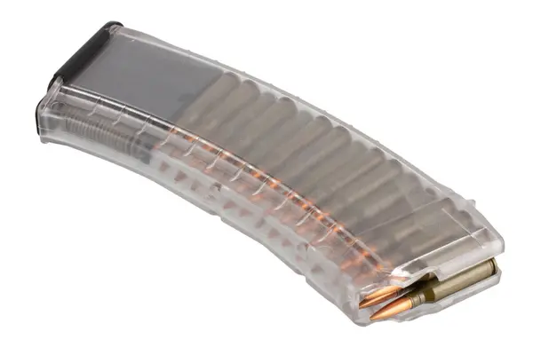 stock image Gun magazine made of transparent plastic for Kalashnikov ak 47 assault rifle. Isolated on white background.