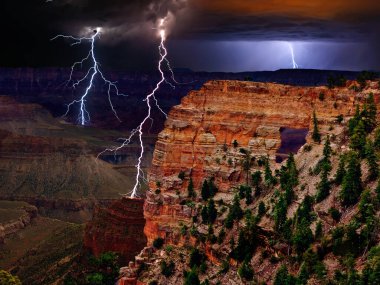 An HDR composite photo of day and night at Cape Royal north rim Grand Canyon. The lightning was taken at night. The canyon landscape was taken during daylight. Both were then merged and blended in 32 bit HDR color. clipart