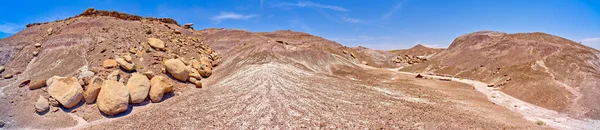A valley running in between dark purple bentonite hills in the Flat Tops of Petrified Forest National Park Arizona.
