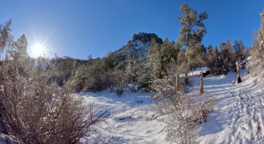 Baş parmak Butte Prescott Ulusal Ormanı 'ndaki yürüyüş yolunda görüldü. Arizona' nın batısında, kar ve buzla kaplıydı..