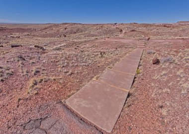 Petrified Forest Ulusal Parkı Arizona 'da manzaralı bir manzaraya giden dev kütük patikası boyunca adımlar..
