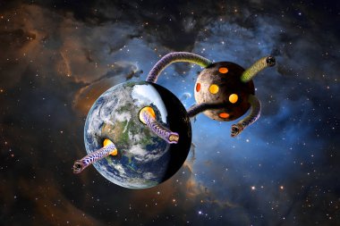A science fiction depiction of a massive Hydra Leviathan from space attacking the Earth by chewing into the planet. This is not AI generated. Created using photo manipulation and digital painting. Background is from NASA and is public domain. clipart