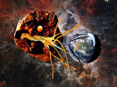 Orijinal olarak 2005 yılında yaratılan bilim kurgu tasviri, Dünya 'yı yutmak üzere olan dev bir uzay yaratığının tasviri. Canavar dijital olarak resmedilmiş. Arkaplan ve Dünya NASA 'nın kamu malı. Bu yapay zeka ürünü değil..