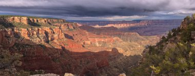 Kuzey Rim Arizona 'daki Walhalla Overlook' dan görülen Büyük Kanyon 'da fırtına kopuyor. Cape Final solda..