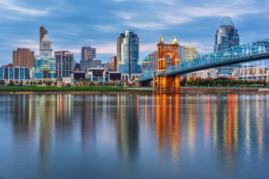 Cincinnati, Ohio, USA downtown skyline and bridge on the river at dusk. clipart