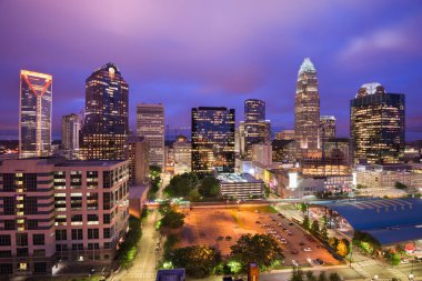 Charlotte, North Carolina, USA uptown skyline from above at dusk. clipart